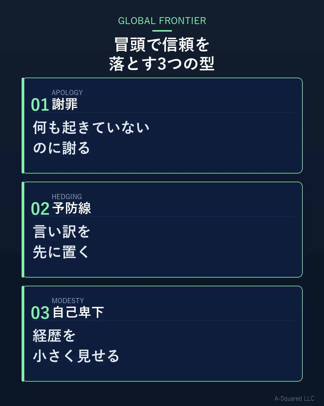 冒頭で信頼を落とす3つの型 — 謝罪は何も起きていないのに謝る、予防線は言い訳を先に置く、自己卑下は経歴を小さく見せる、という3点を示す図