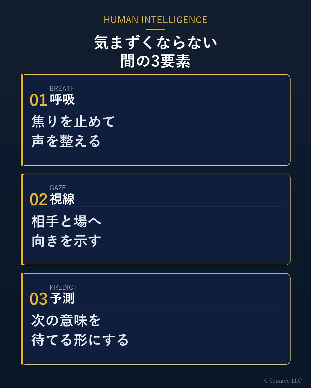 気まずくならない間の3要素として、呼吸、視線、予測を示した図