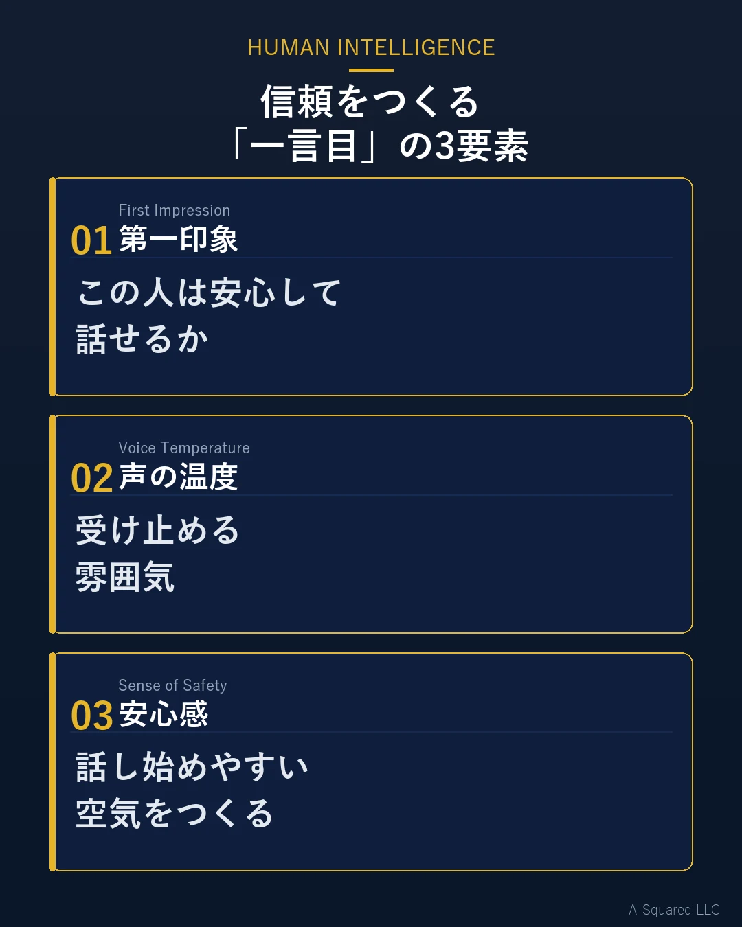 信頼をつくる「一言目」の3要素 — 第一印象・声の温度・安心感を示す図