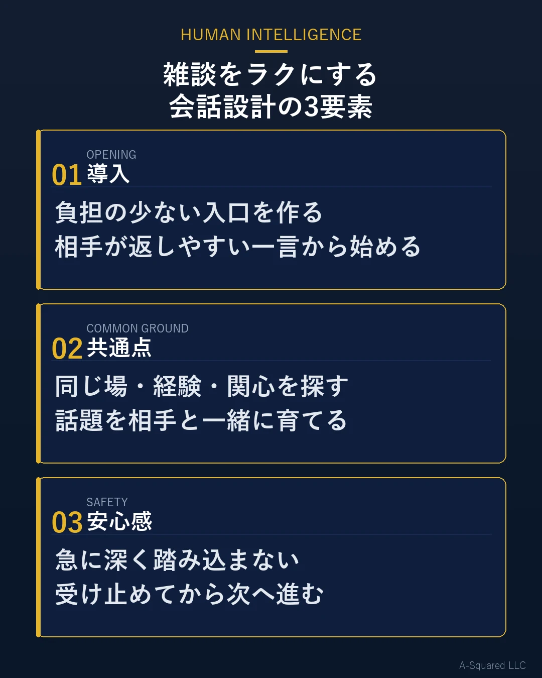 雑談をラクにする会話設計の3要素として、導入、共通点、安心感を示した図