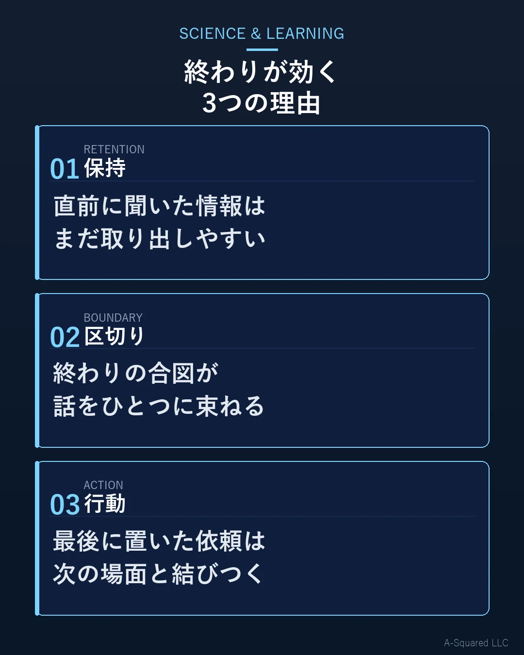 話の終わりが記憶に効く3つの理由 — 保持・区切り・行動の違いを示す図