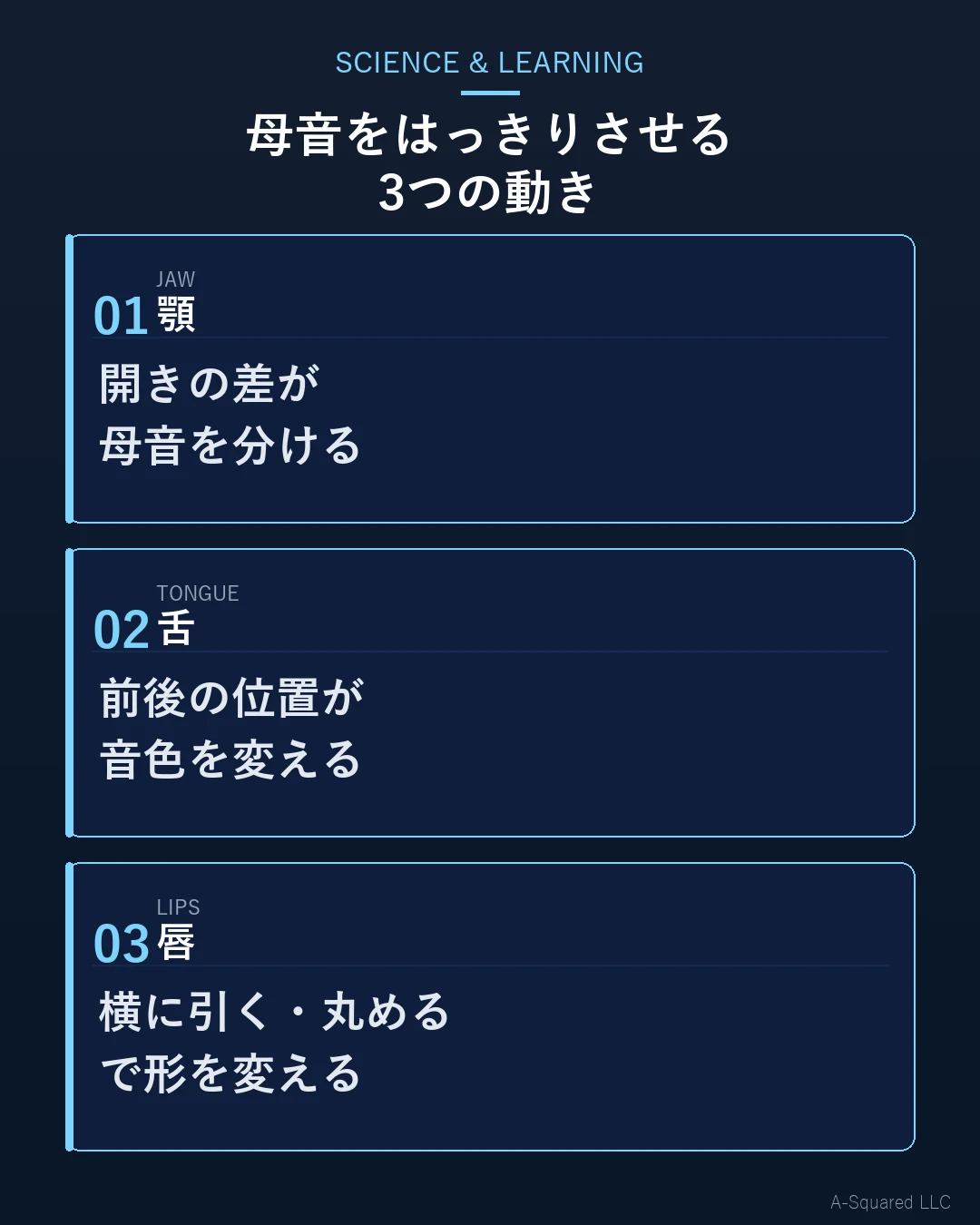 母音をはっきりさせる3つの動き — 顎は開きの差が母音を分ける、舌は前後の位置が音色を変える、唇は横に引く・丸めるで形を変える、の3段構成を示す図